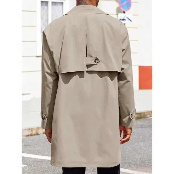 💫 Men Cream Mid Long Trench Coat Single Breasted Slim Fit Casual Fall Jackets