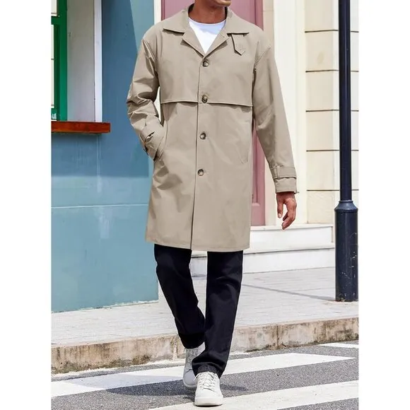 💫 Men Cream Mid Long Trench Coat Single Breasted Slim Fit Casual Fall Jackets