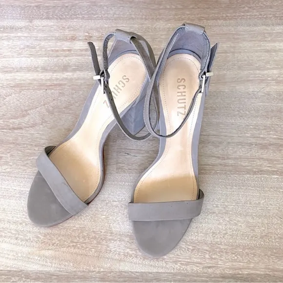 🌲 Schutz Enida 4&quot; Sandal Heel in Mouse Brown Tan Beige 9.5