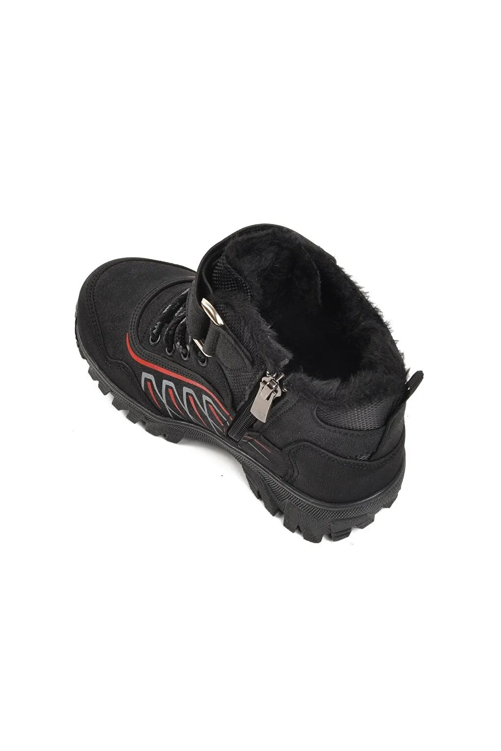 437-P Black-Red Children's Outdoor Boots with Fur Inside