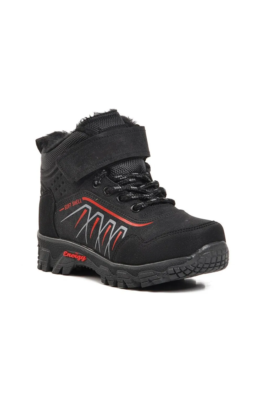 437-P Black-Red Children's Outdoor Boots with Fur Inside