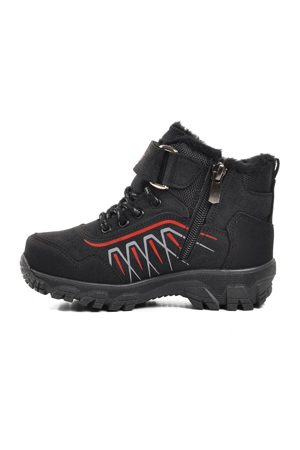 437-P Black-Red Children's Outdoor Boots with Fur Inside