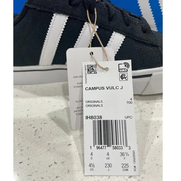Adidas Campus Vulc J Retro Black White Sz Kids 4.5, Women Sz 6 New Sneakers