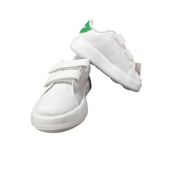 Adidas Kids Advantage CF White Shoes With Green Heel Detail Straps Sz 8K