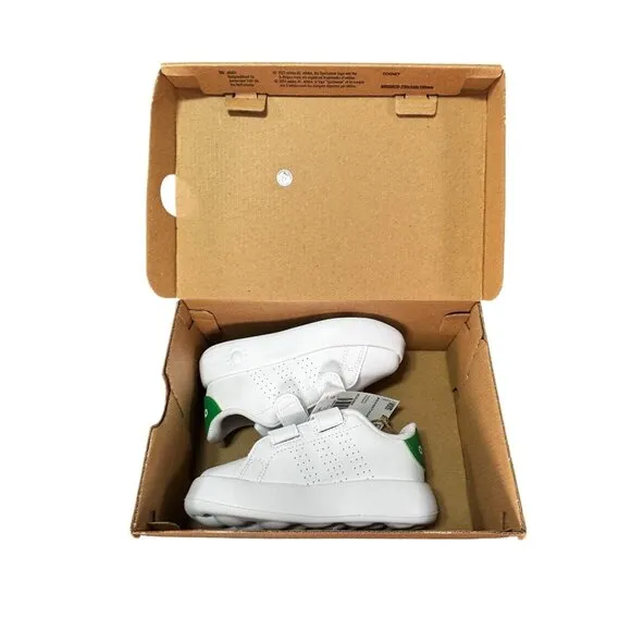Adidas Kids Advantage CF White Shoes With Green Heel Detail Straps Sz 8K