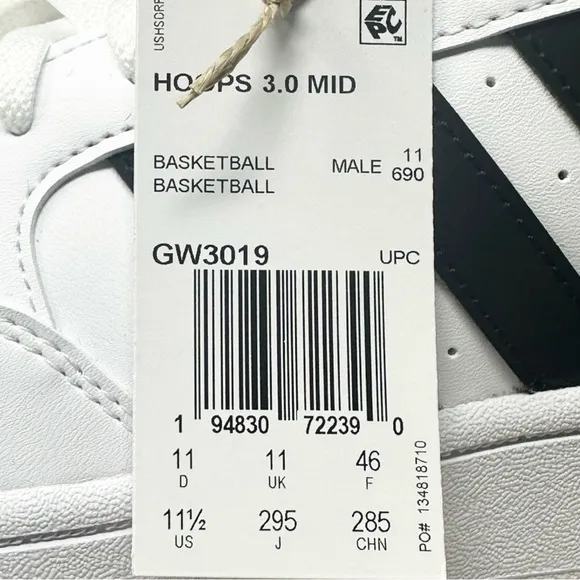 Adidas Men’s Hoops 3.0 Mid GW3019 White/Black Size 11.5