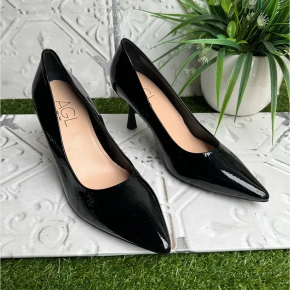 AGL Black Patent leather heel pump size 37 US 7 like new $440