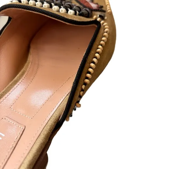 Alberta Ferretti Beaded Mules Tan Native American Leather Slip On Size 37.5 Sz 7