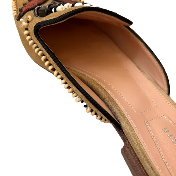Alberta Ferretti Beaded Mules Tan Native American Leather Slip On Size 37.5 Sz 7