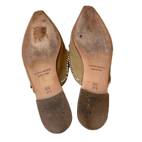 Alberta Ferretti Beaded Mules Tan Native American Leather Slip On Size 37.5 Sz 7