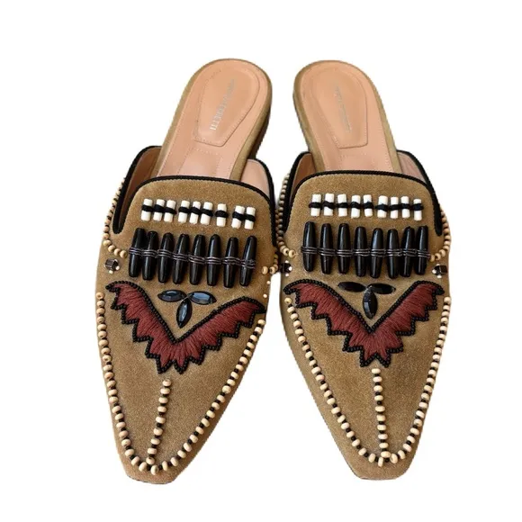 Alberta Ferretti Beaded Mules Tan Native American Leather Slip On Size 37.5 Sz 7