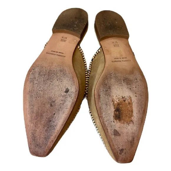 Alberta Ferretti Beaded Mules Tan Native American Leather Slip On Size 37.5 Sz 7