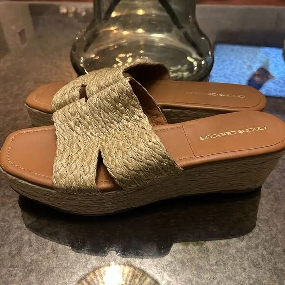 Andre Assous Selena Beige Espadrille Rafia Flatform Wedges