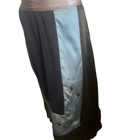 Anthropologie Burning Torch Medium   Brown Sage Gold Beaded Floral  Silk Skirt