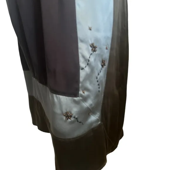 Anthropologie Burning Torch Medium   Brown Sage Gold Beaded Floral  Silk Skirt