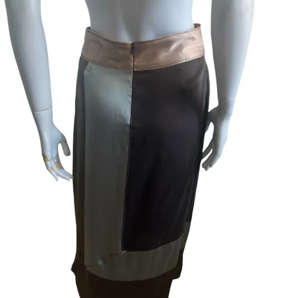 Anthropologie Burning Torch Medium   Brown Sage Gold Beaded Floral  Silk Skirt