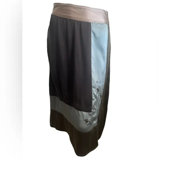 Anthropologie Burning Torch Medium   Brown Sage Gold Beaded Floral  Silk Skirt