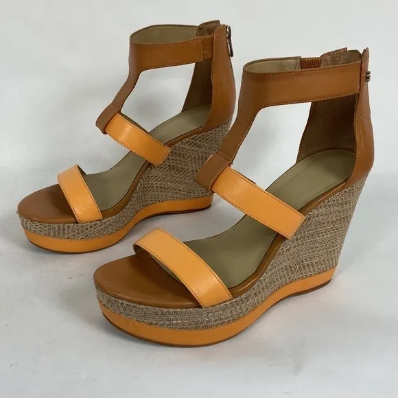 Antonio Melani Cam Leather T-Strap and Ankle Strap Open Toe Platform Woven Wedge