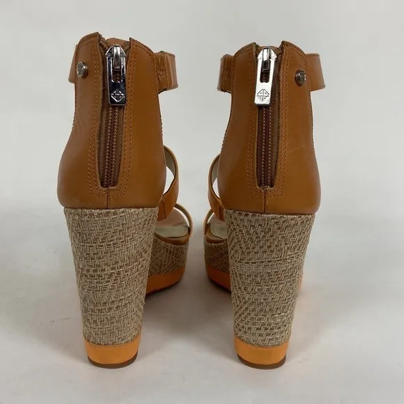Antonio Melani Cam Leather T-Strap and Ankle Strap Open Toe Platform Woven Wedge