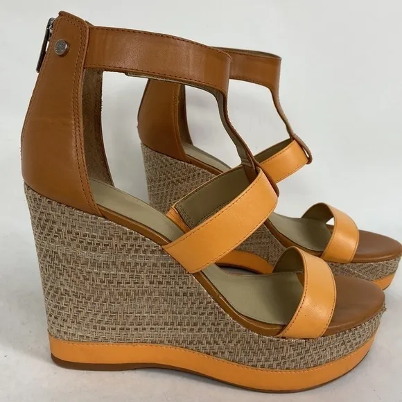Antonio Melani Cam Leather T-Strap and Ankle Strap Open Toe Platform Woven Wedge