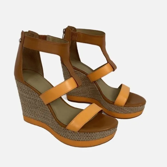 Antonio Melani Cam Leather T-Strap and Ankle Strap Open Toe Platform Woven Wedge