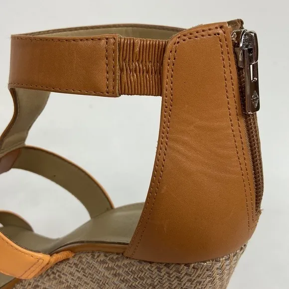 Antonio Melani Cam Leather T-Strap and Ankle Strap Open Toe Platform Woven Wedge