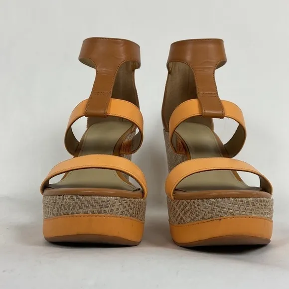 Antonio Melani Cam Leather T-Strap and Ankle Strap Open Toe Platform Woven Wedge