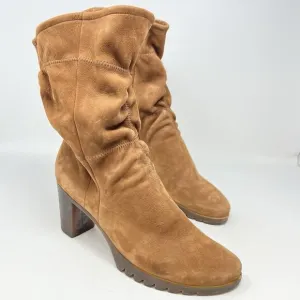 ARCHE Nubuck Leather Cognac Brown Heeled Scrunch Ankle Booties 41 EU