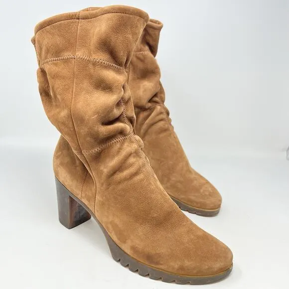 ARCHE Nubuck Leather Cognac Brown Heeled Scrunch Ankle Booties 41 EU