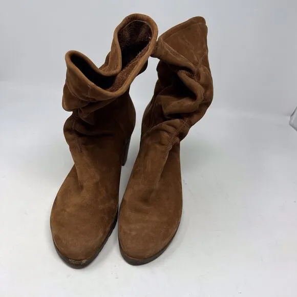 ARCHE Nubuck Leather Cognac Brown Heeled Scrunch Ankle Booties 41 EU