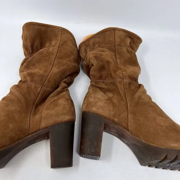 ARCHE Nubuck Leather Cognac Brown Heeled Scrunch Ankle Booties 41 EU