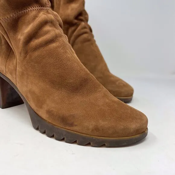 ARCHE Nubuck Leather Cognac Brown Heeled Scrunch Ankle Booties 41 EU
