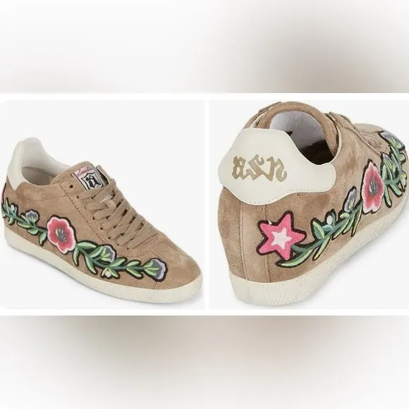 Ash Gull Embroidered Floral Tan Sneakers Women 7.5/8 Size 38 Leather Upper Laces