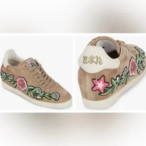 Ash Gull Embroidered Floral Tan Sneakers Women 7.5/8 Size 38 Leather Upper Laces
