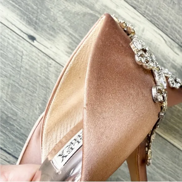Badgley Mischka Jewel Embellished Heels Shoes Satin Tan Neutral Wedding Size 11