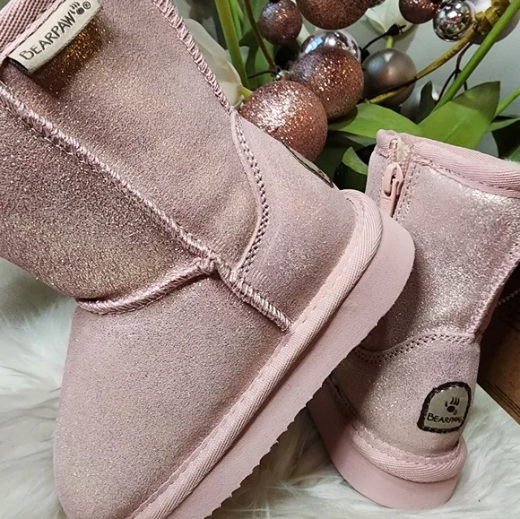 BEARPAW Elle Exotic Youth Classic Suede Pink Glitter boots new
