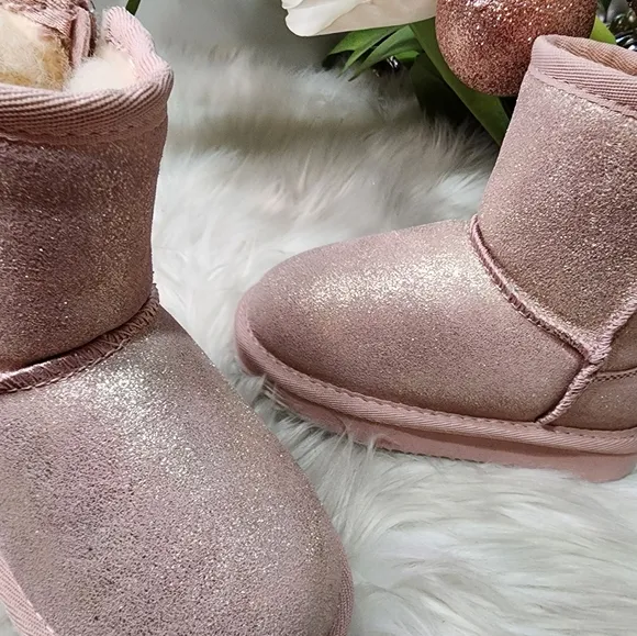 BEARPAW Elle Exotic Youth Classic Suede Pink Glitter boots new