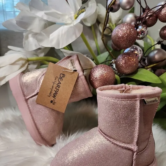 BEARPAW Elle Exotic Youth Classic Suede Pink Glitter boots new