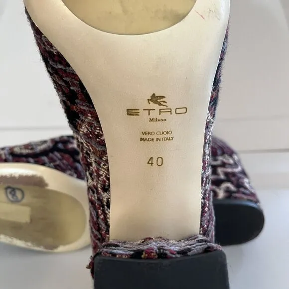 Beautiful Etro Burgundy Jacquard Fabric Square Toe Pump 40 8.5 Block Heel Shoes