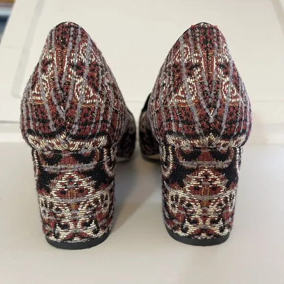 Beautiful Etro Burgundy Jacquard Fabric Square Toe Pump 40 8.5 Block Heel Shoes