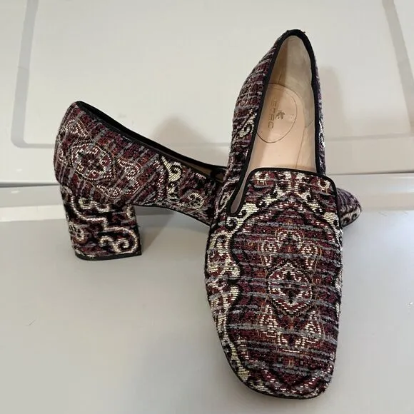 Beautiful Etro Burgundy Jacquard Fabric Square Toe Pump 40 8.5 Block Heel Shoes