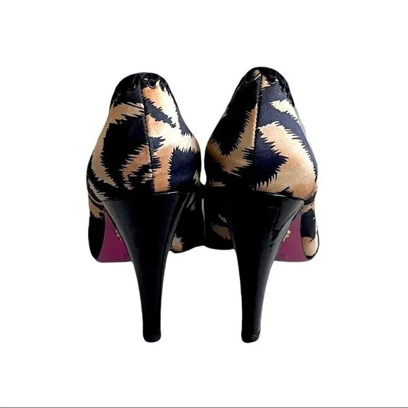 BETSY JOHNSON Leopard Print Satin Peep Toe High Heel Shoes Bow Detail 8.5