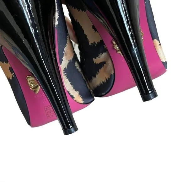 BETSY JOHNSON Leopard Print Satin Peep Toe High Heel Shoes Bow Detail 8.5
