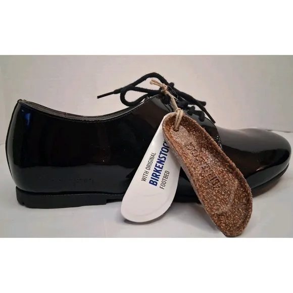 Birkenstock Saunders black patent leather flats oxfords lace up shoes Sz W 5-5.5