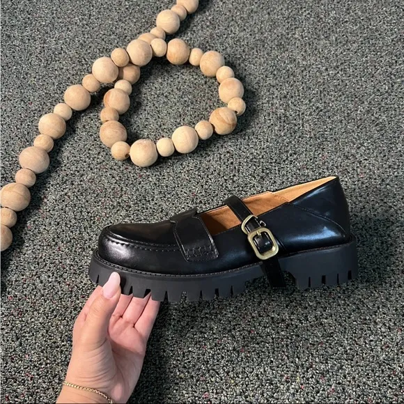 Black Mary Jane Strappy Gold Buckle Chunky Platform Loafer Round Toe Shoes Sz 39