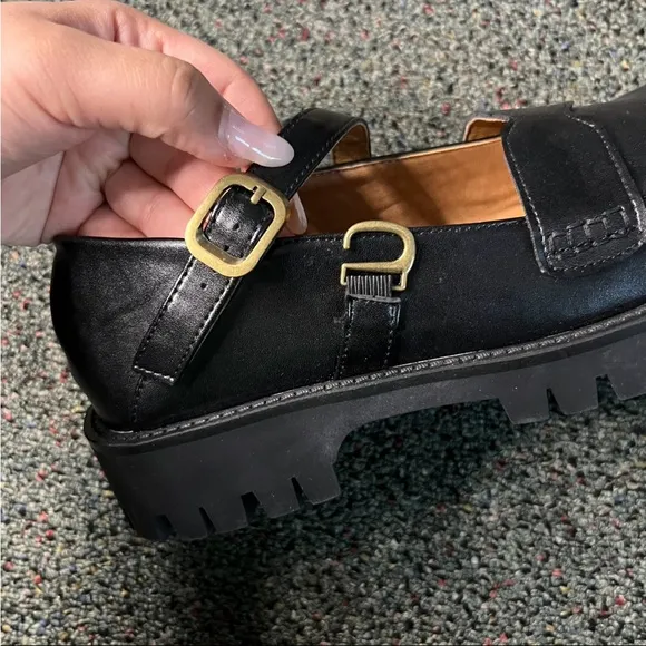 Black Mary Jane Strappy Gold Buckle Chunky Platform Loafer Round Toe Shoes Sz 39