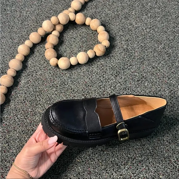 Black Mary Jane Strappy Gold Buckle Chunky Platform Loafer Round Toe Shoes Sz 39