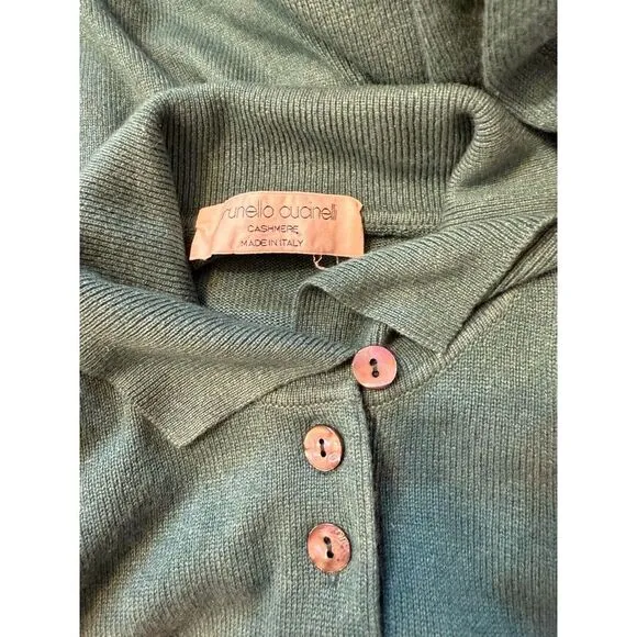 Brunello Cucinelli Silk Cashmere Sweater Collared‎ Pullover Teal Green Buttons