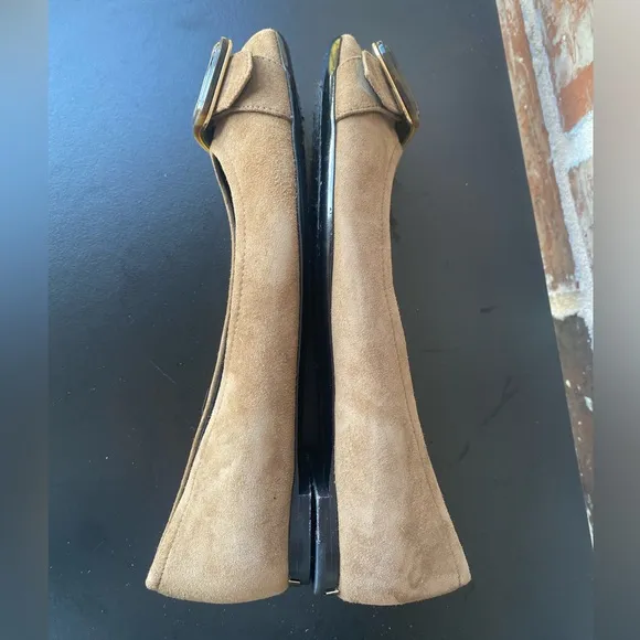 Burberry Leygreen Trench Buckle Ballerina Flats Size 37.5 in Caramel Suede