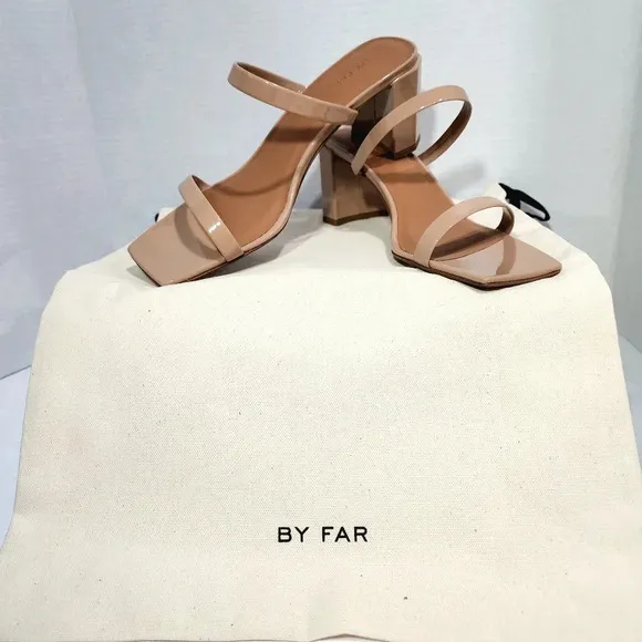 BY FAR Women's Tanya Nude Neutral Patent Leather Mule Sandal heels Size EU 39